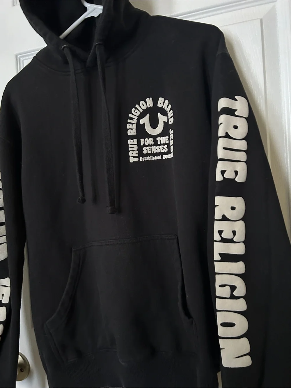 True Religion Black Hoodie with white Logos unisex